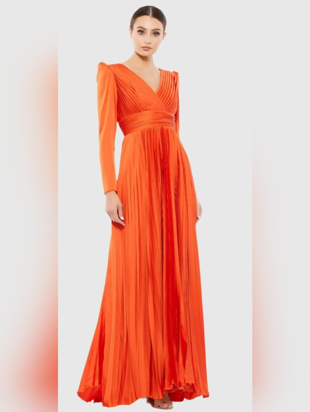 Ieena For Mac Duggal 26542 Sunset Orange Pleated V-Neck Maxi Dress Size 2